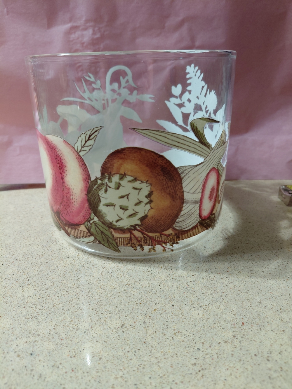 Glass Fruit-Print Candle Holder in Pink and Brown